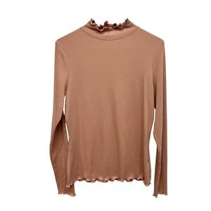 Y2K Dusty Rose Ribbed Mock Neck Lettuce Hem Top XL Soft Girl Coquette Romantic